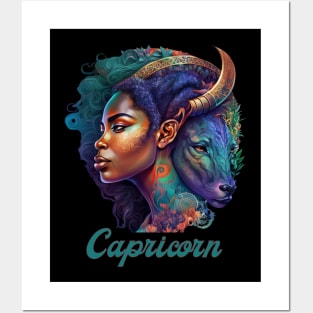 Black Capricorn Zodiac Sign Woman Posters and Art